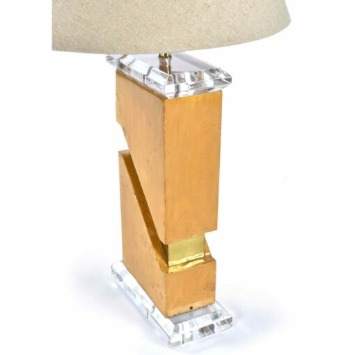 Vintage 1970s burl wood table lamp with gold accent and Lucite elements