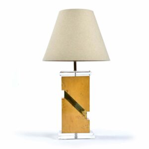 Vintage 1970s Post Modern Burl Wood Table Lamp with Lucite and Gold Colored Brass