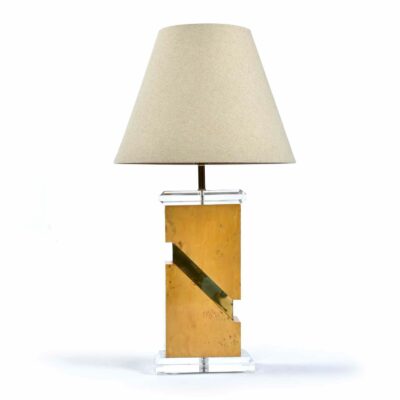 Post Modern burl wood table lamp with gold metallic mid-section and Lucite top and bottom