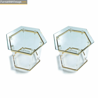Lucite end tables with glass top and gold spanners