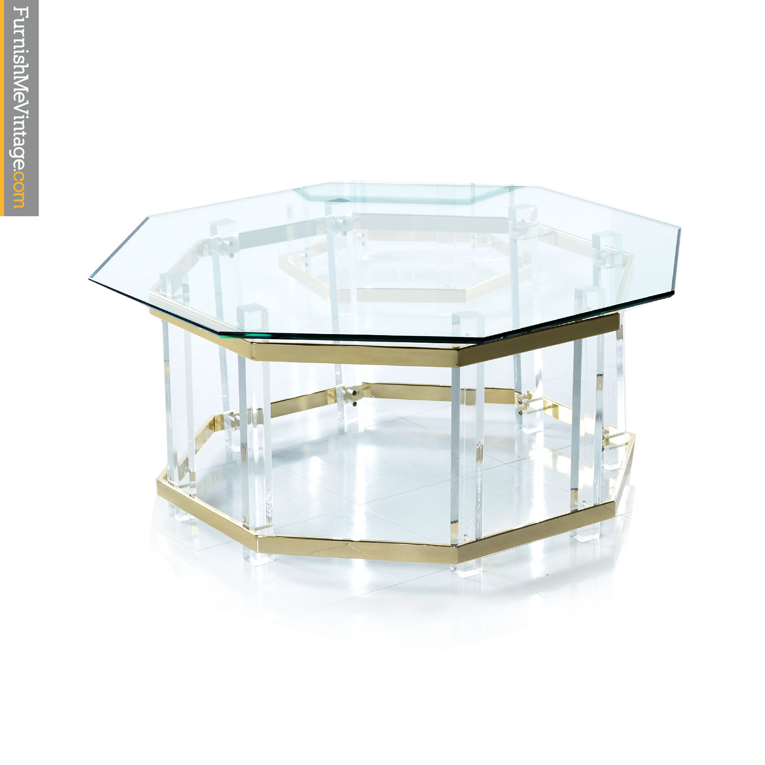 Lucite Coffee Table With Hexagon Glass And Gold Spanners