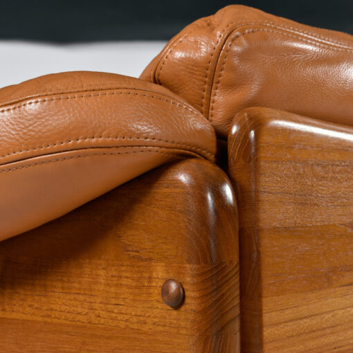 Mikael Laursen Cognac leather loveseat cushion and solid teak wood detail