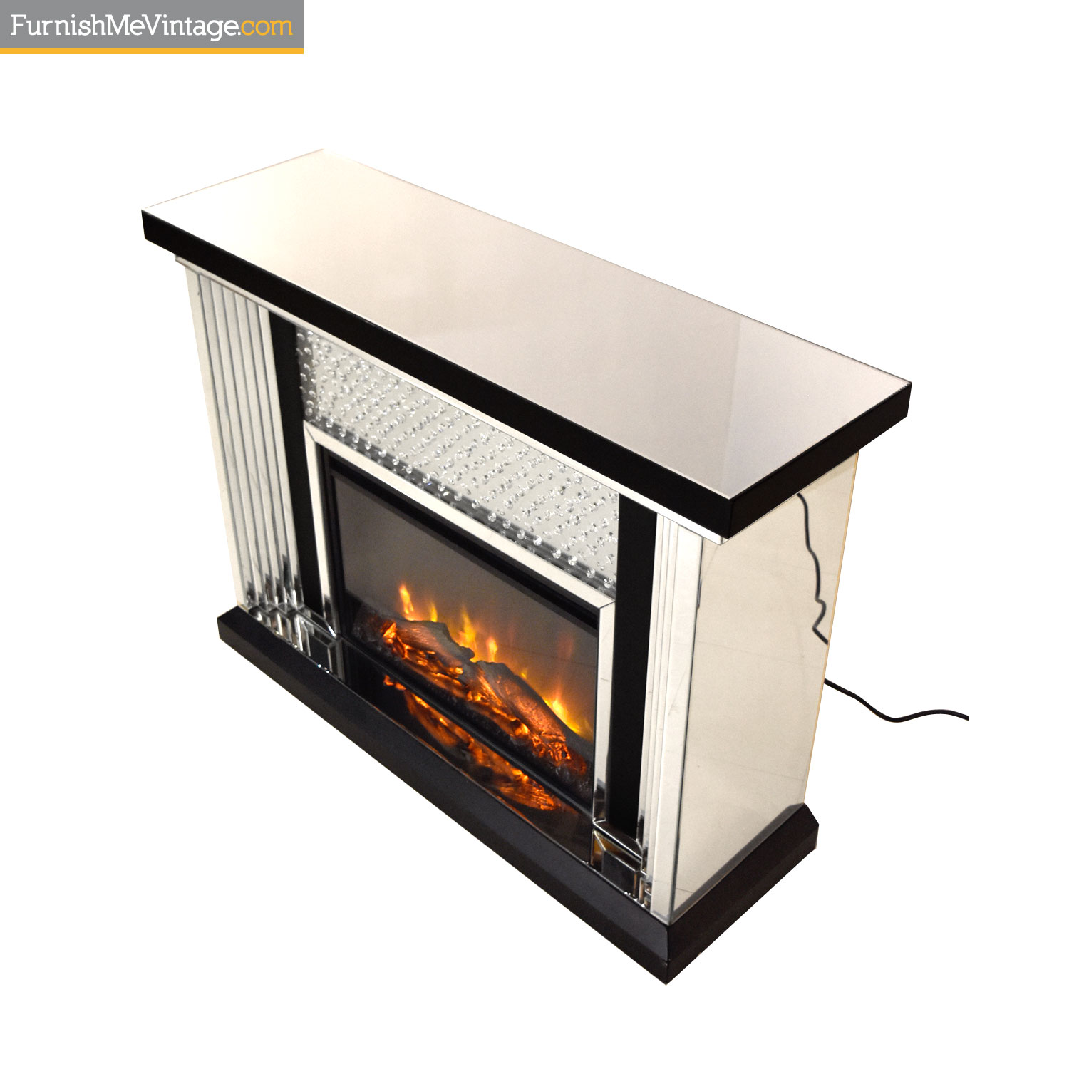 Mirrored and Crystal Studded Electric Fireplace with Remote