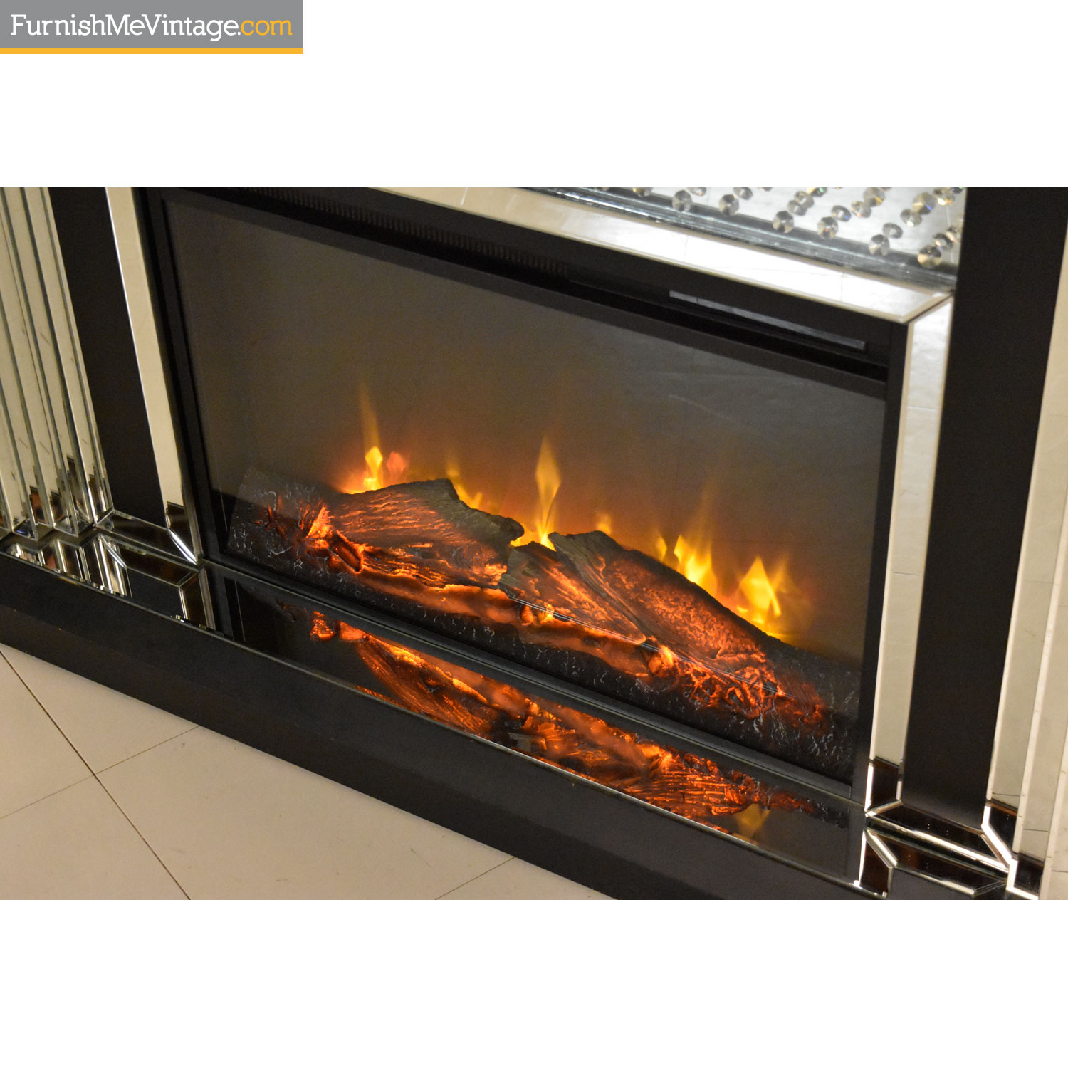 Mirrored and Crystal Studded Electric Fireplace with Remote