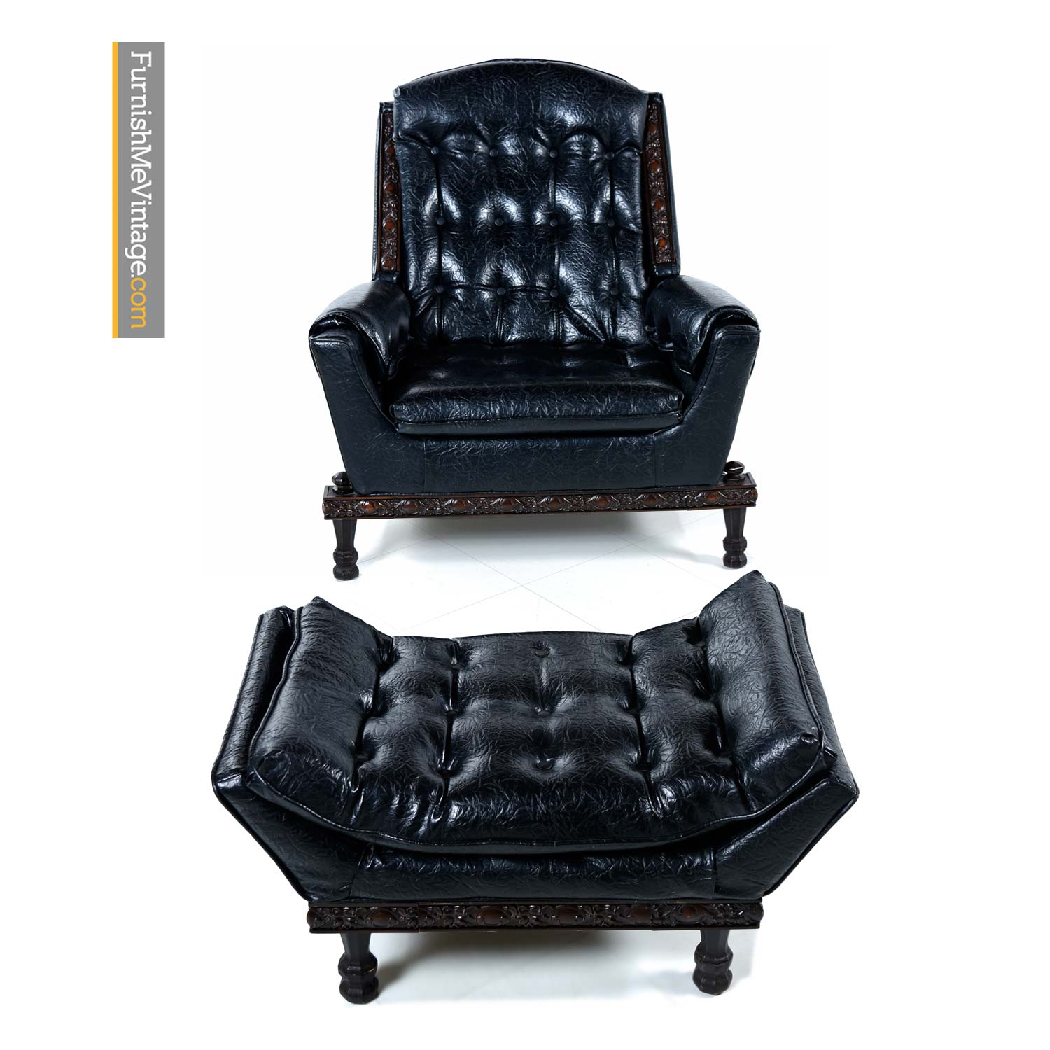 Black Tufted Spanish Mediterranean Recliner Lounge Chair & Ottoman
