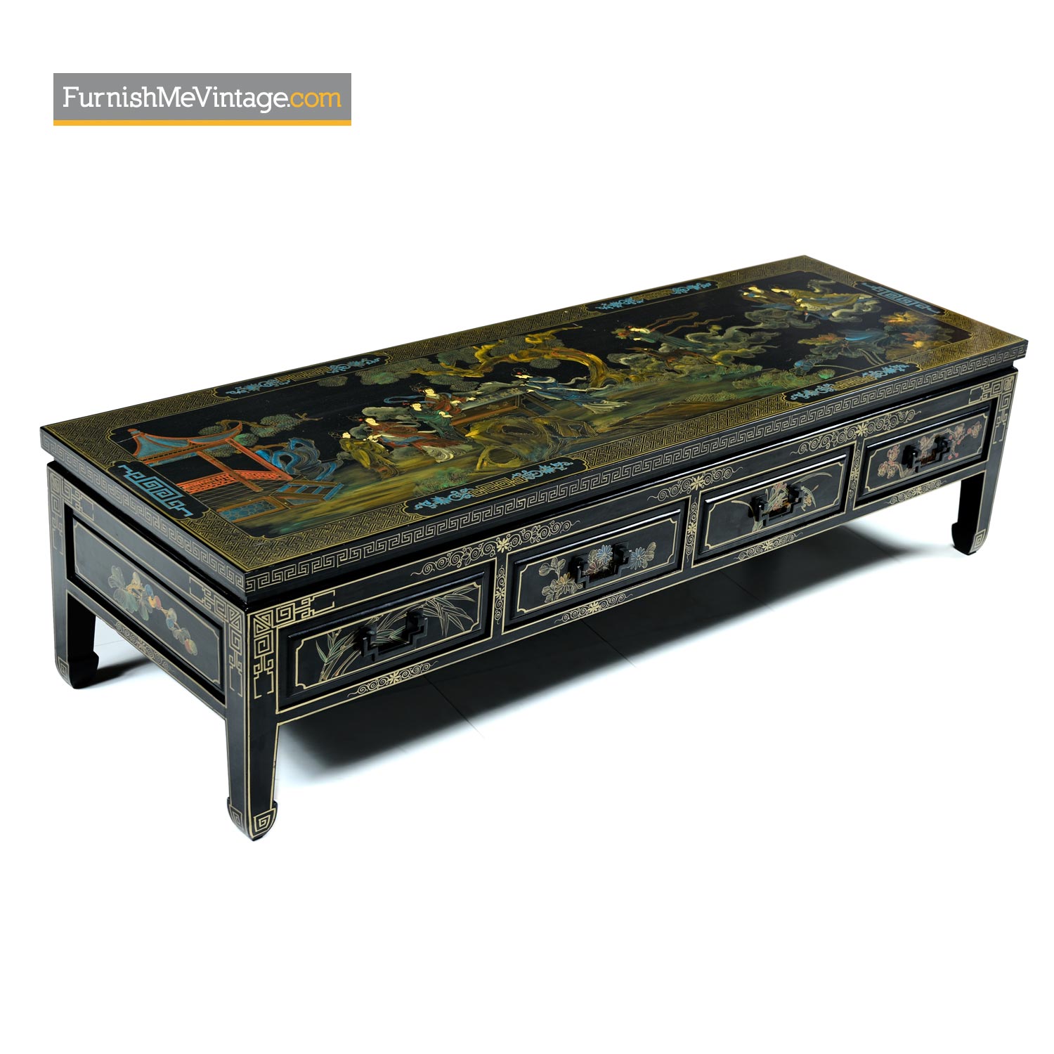James Mont Style Gilt Black Lacquer Asian Chinoiserie Coffee Table