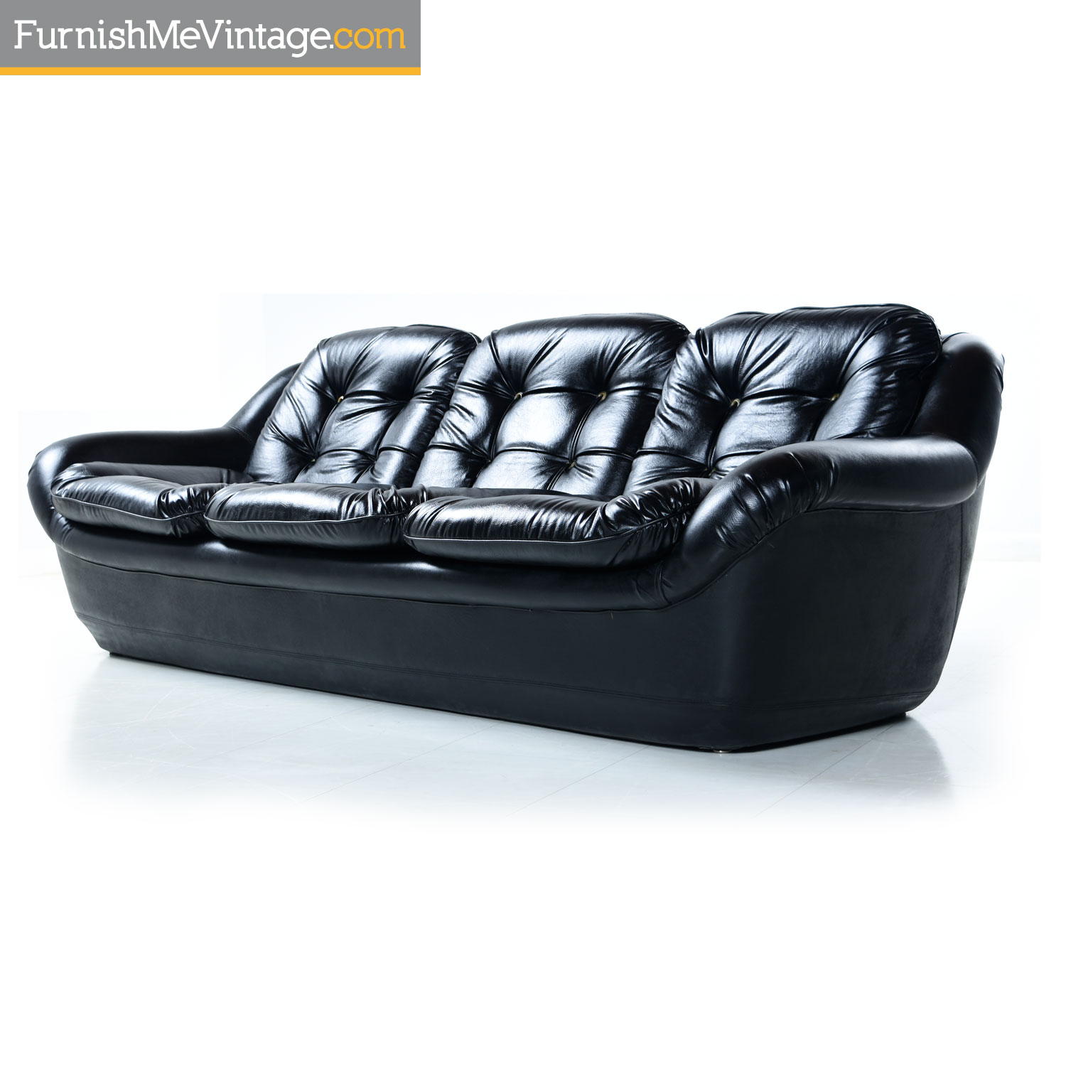 Black Vinyl Tufted Mid Century Modern Sofa With Chorded Ons Black Vinyl Tufted Mid Century Modern