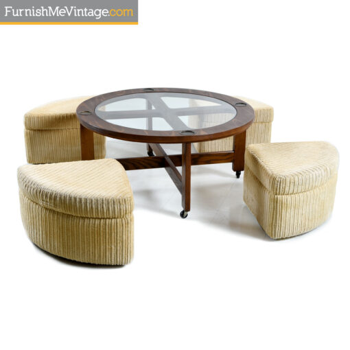 Vintage Gaming Table Set with Round Table and Corduroy Stools