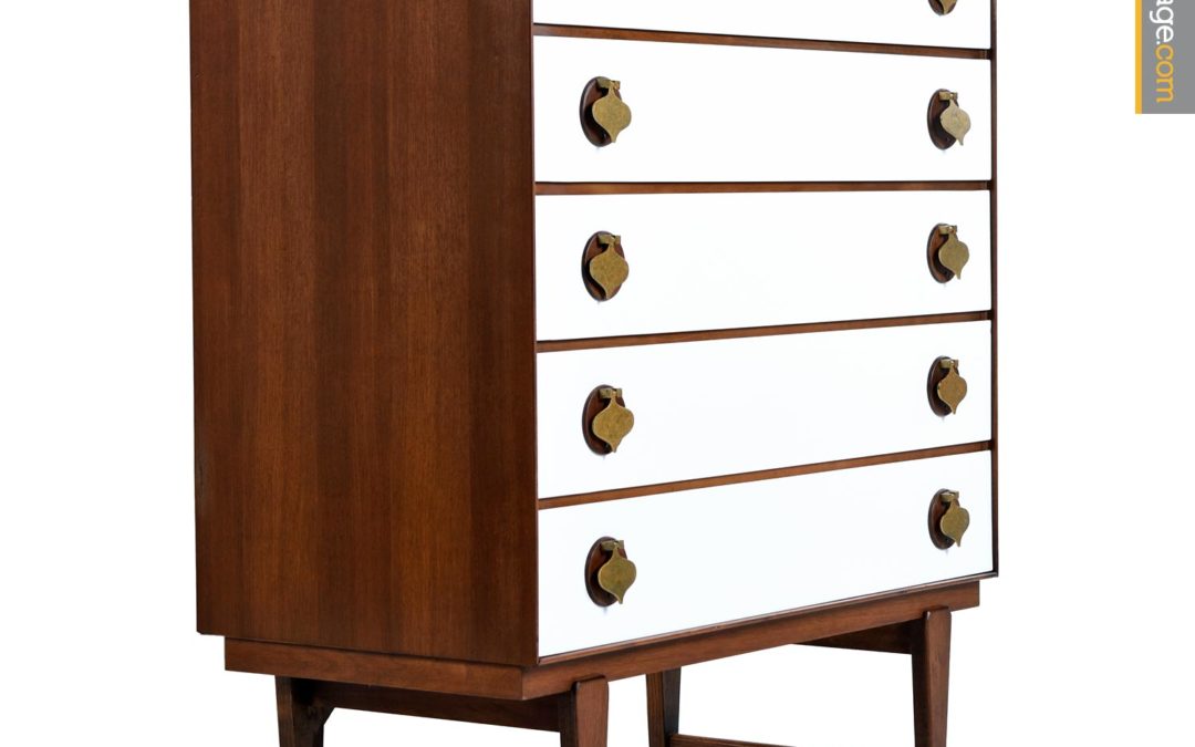 Stanley High Boy Dresser with White and Walnut Brass Spade Pulls