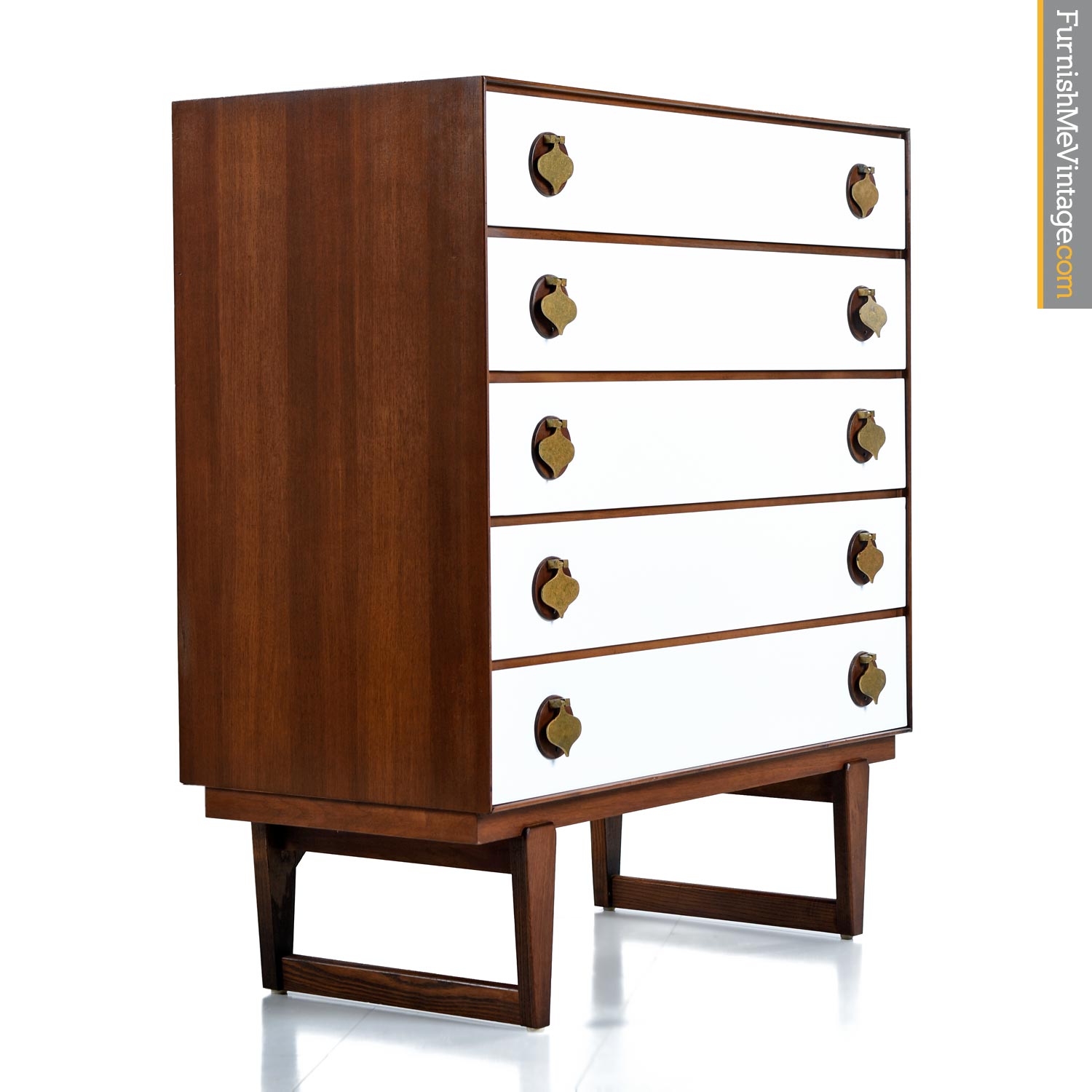 Stanley High Boy Dresser with White and Walnut Brass Spade Pulls