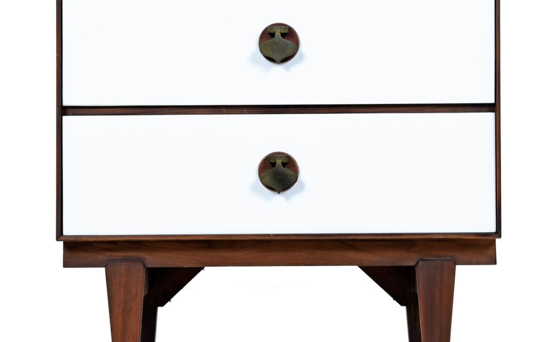 Mid-Century Modern Stanley Nightstand with White and Walnut Brass Spade Pulls