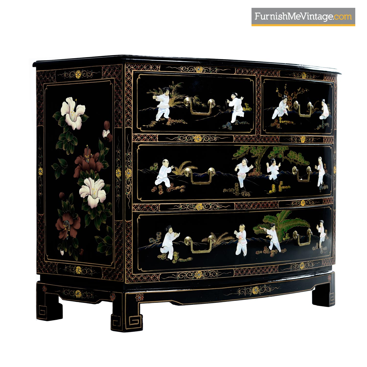 Black Lacquer Hand Painted Chinoiserie Dresser With Mother Of