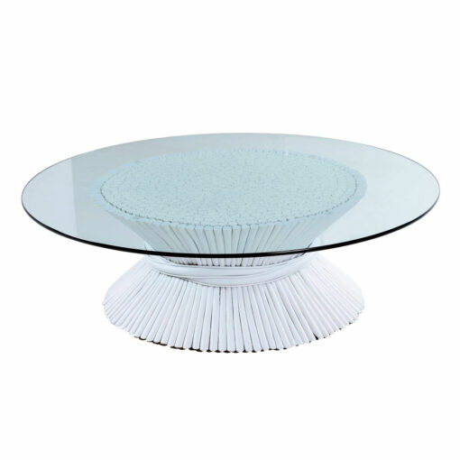 Round glass McGuire rattan coffee table