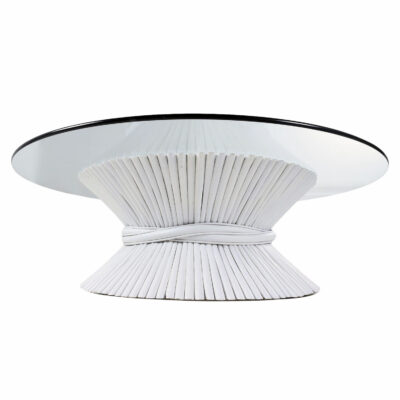 White rattan round McGuire coffee table