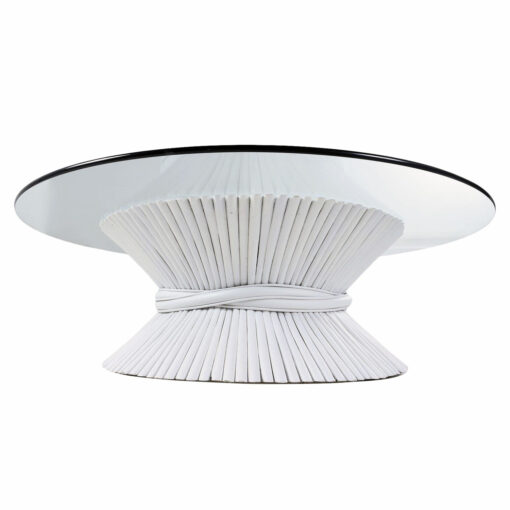 White rattan round McGuire coffee table