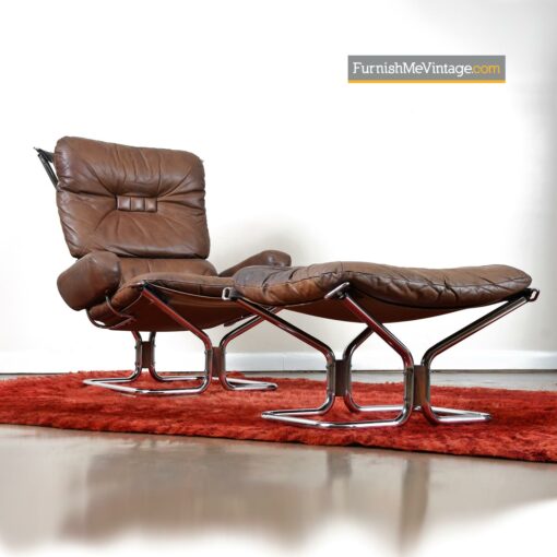Ingmar Relling Westnofa Leather and chrome lounge chair recliner with ottoman