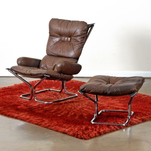 Ingmar Relling Westnofa Leather and chrome lounge chair recliner with ottoman