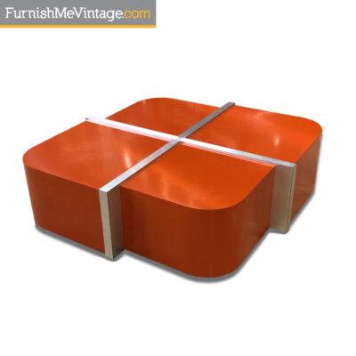 rounded square orange formica mid century modern coffee table with brushed aluminum dividers
