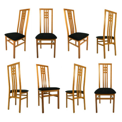 Cherry wood dining chairs made in Italy with high back and black seats