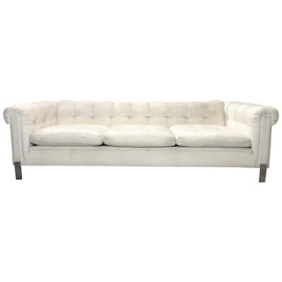 White Tufted Tuxedo Sofa on Chrome Legs