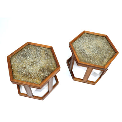 John Keal for Brown Saltman walnut hexagon enameled side tables
