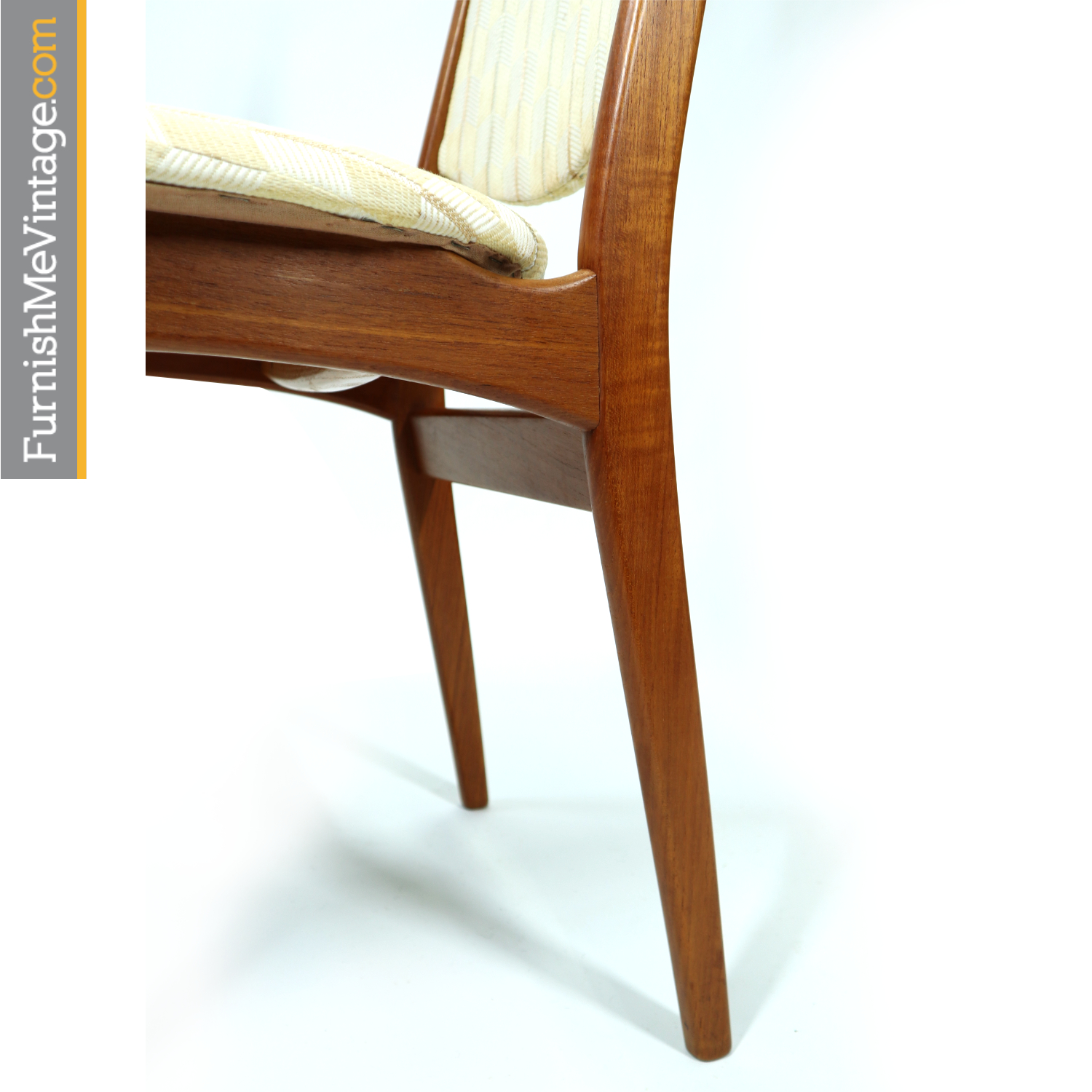 8 High Back Danish Teak Dining Chairs in Cream Color Fabric