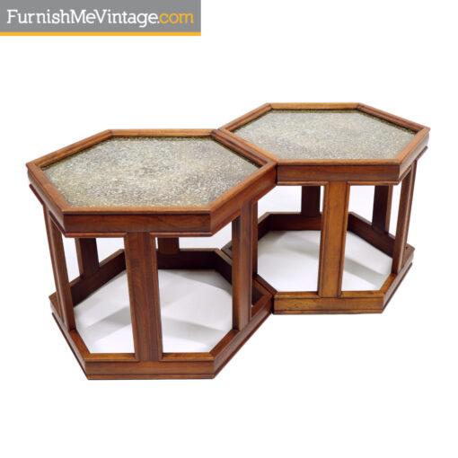 John Keal for Brown Saltman walnut hexagon enameled side tables