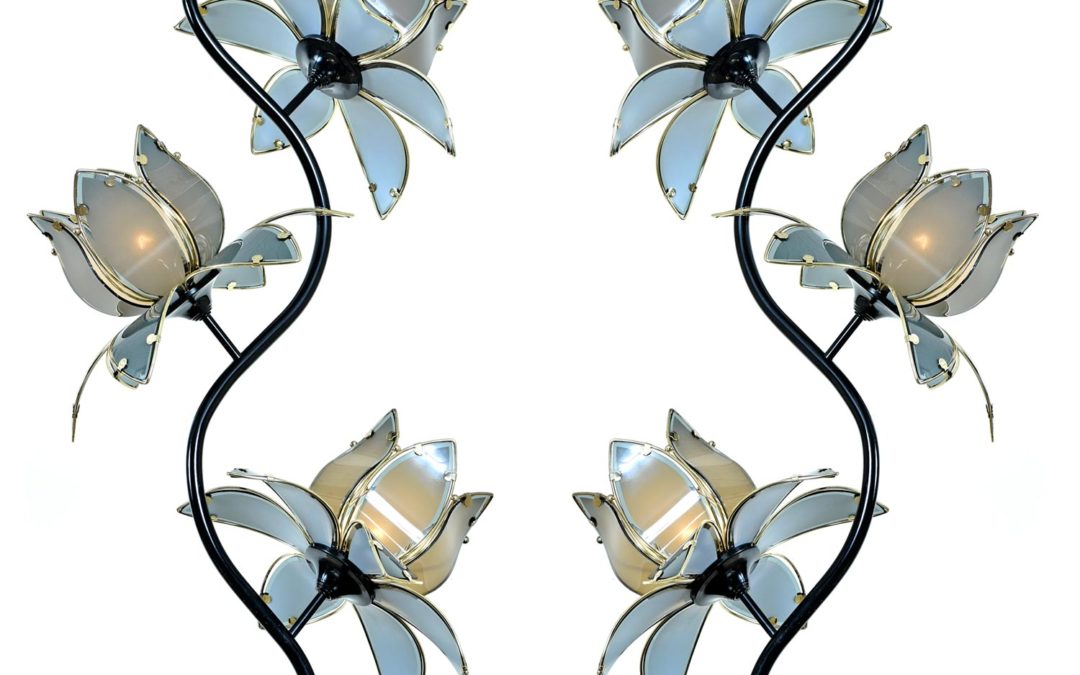 Anthony California Lacquer & Brass Hollywood Regency Etched Glass Floral Lamps