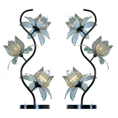 Anthony California Blue and Brass Black Lacquer Hollywood Regency Floral Lamps