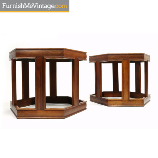 John Keal for Brown Saltman walnut hexagon enameled side tables