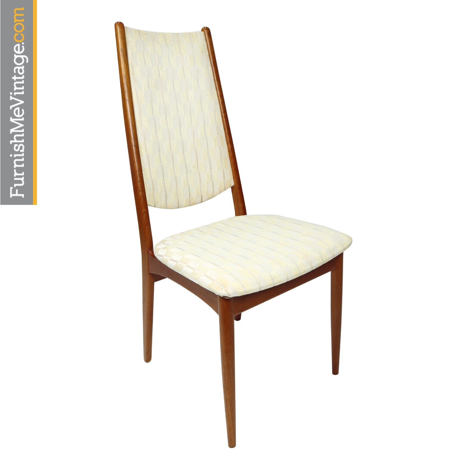8 High Back Danish Teak Dining Chairs in Cream Color Fabric