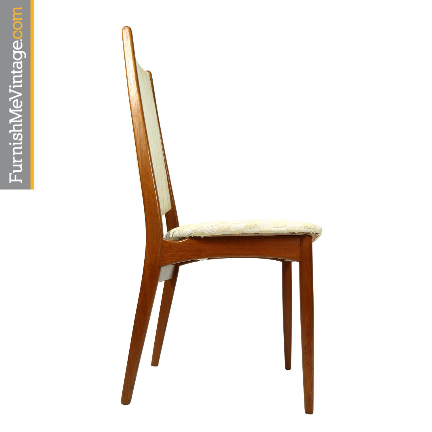 8 High Back Danish Teak Dining Chairs in Cream Color Fabric