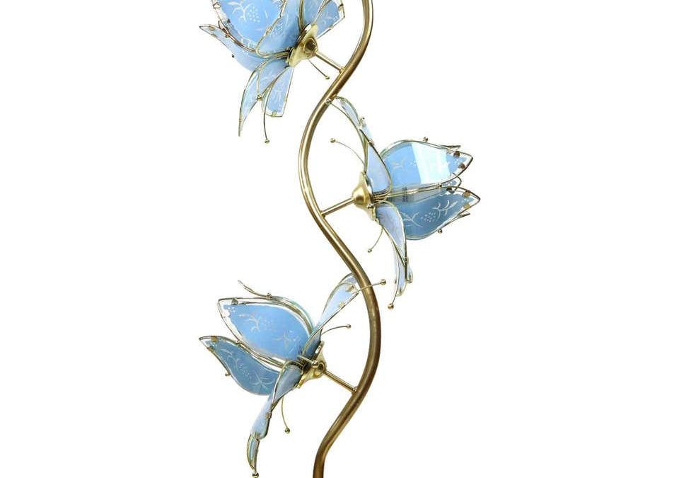 Anthony California Vintage Gold Lamp with Blue Etched Glass Flowers