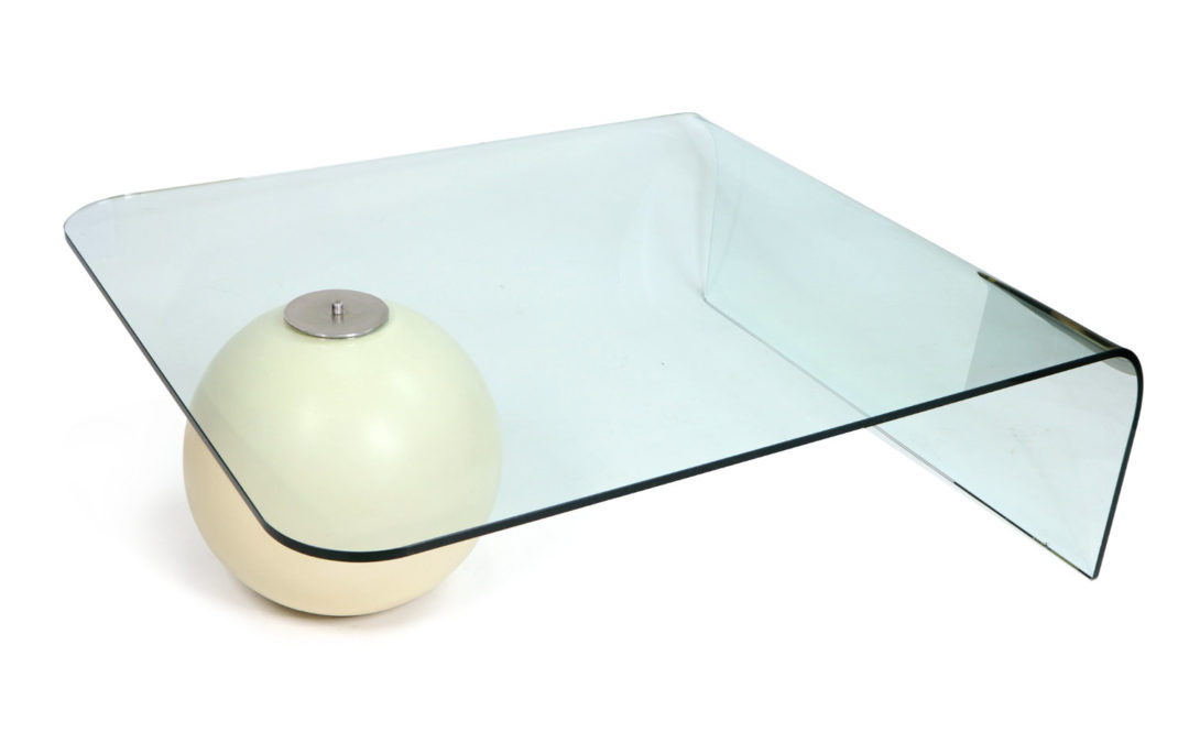 Modern Waterfall Curved Glass Coffee Table Balanced on White Ball