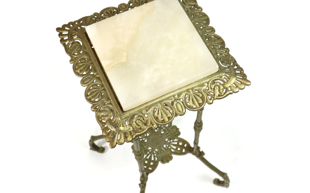 Art Nouveau Antique Brass Plant Stand Topped with Onyx