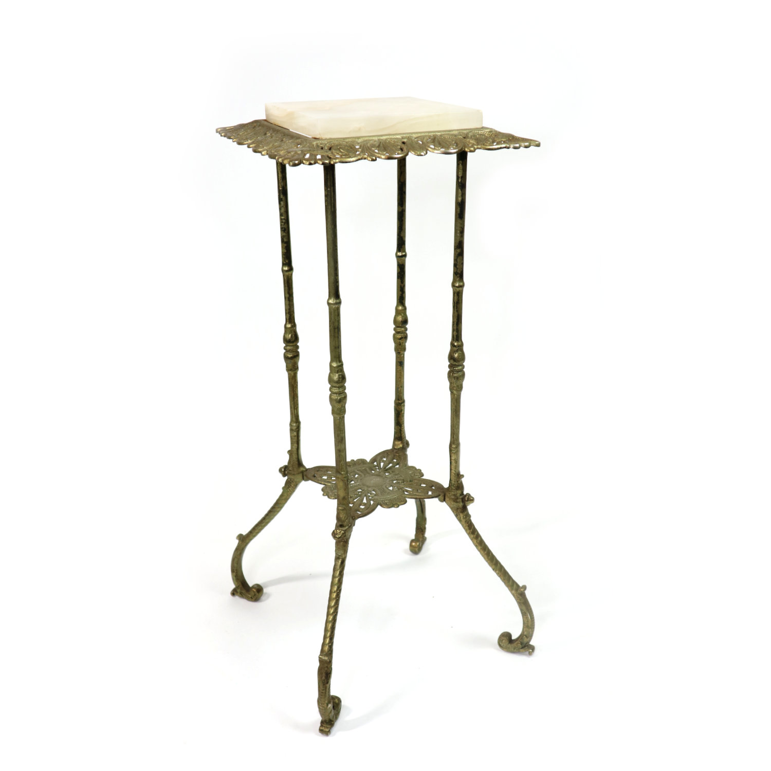 Antique Art Nouveau Brass Plant Stand Topped With Onyx