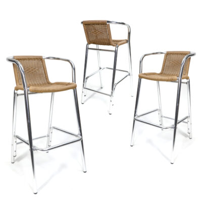 Modern outdoor bar stools polished aluminum chrome and wicker