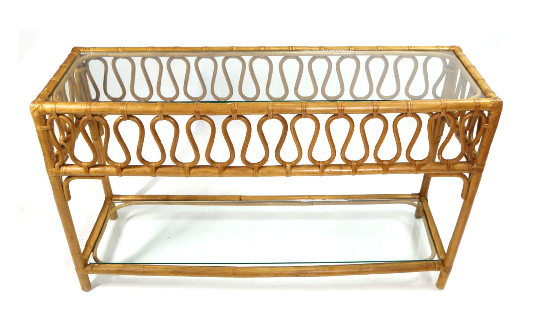 Vintage Glass Topped Ribbon Ripple Rattan Sofa Table Console Table