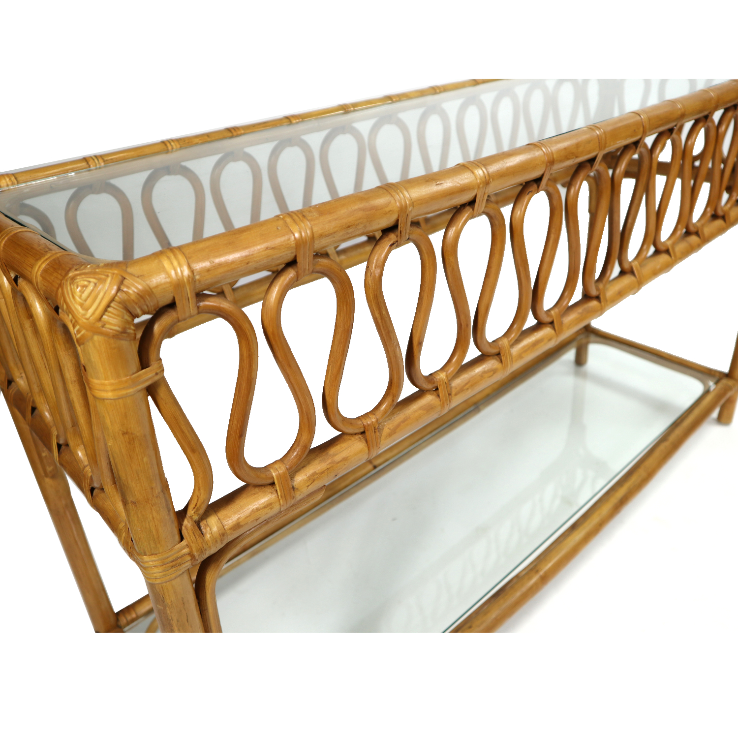 Vintage Rattan Sofa Table with Ripple Design Bohemian Console Table