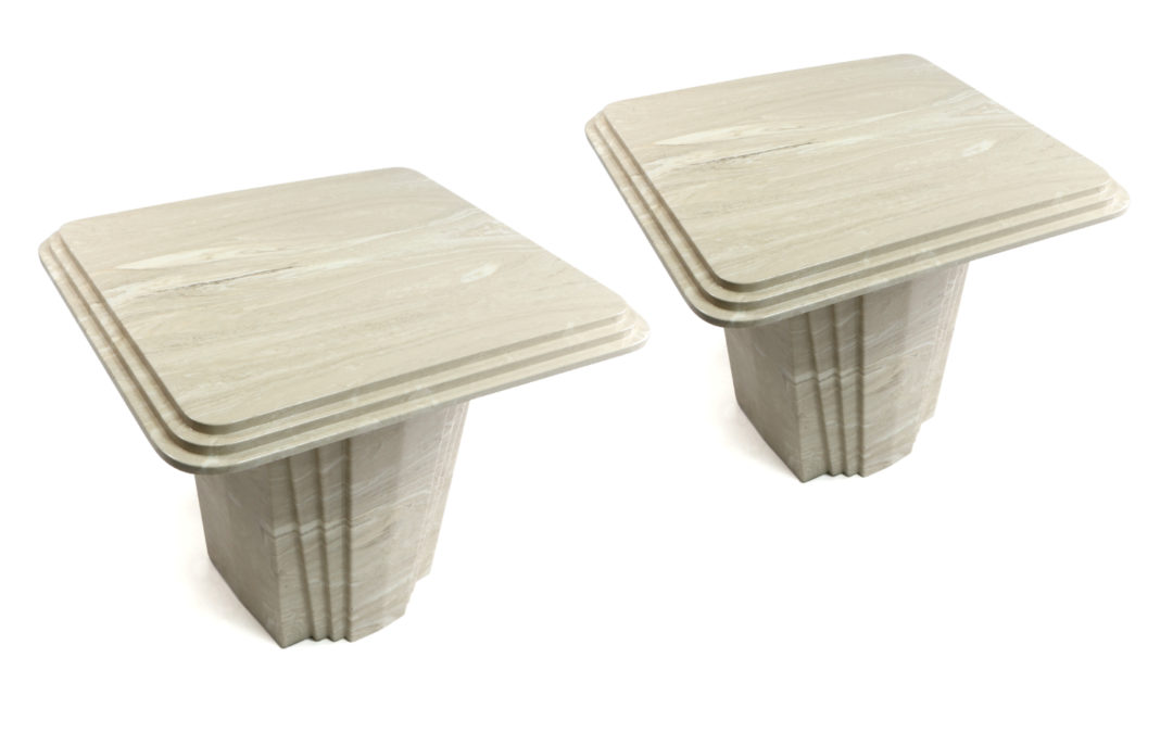 Pair of Art Deco Vintage Travertine Stone End Tables