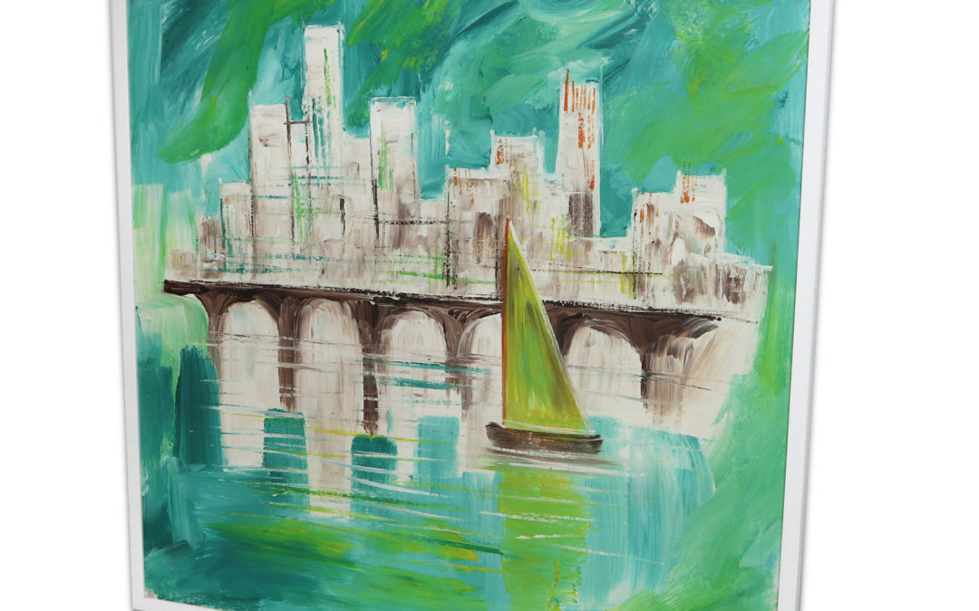 Mid-Century Modern Aqua Blue White and Green Nautical Harbor Painting