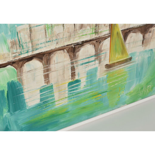 Mid-Century Modern bridge and cityscape harbor painting