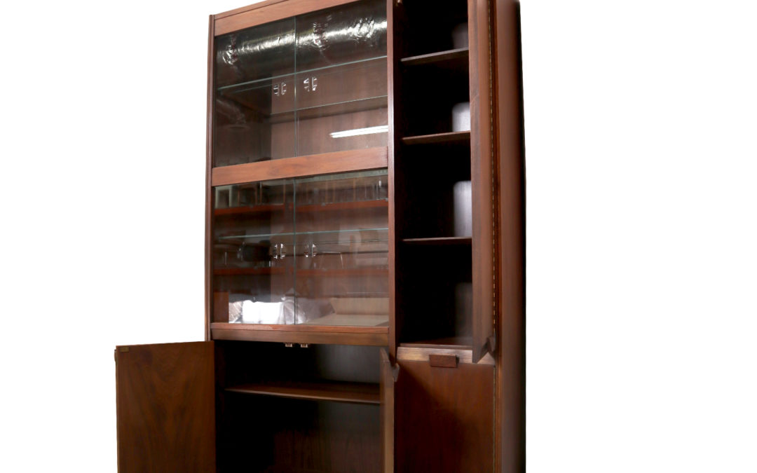 Walnut Mid-Century Modern Lighted China Cabinet Hutch