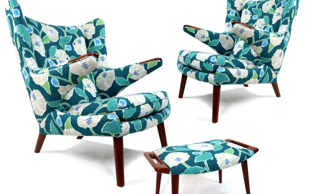 Vintage Hans Wegner Papa Bear Chair Set with Ottoman in Floral Print
