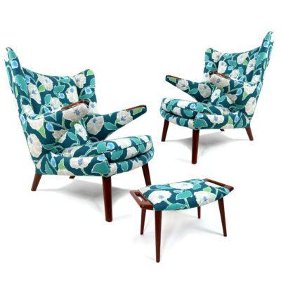 Hans Wegner Papa Bear Chairs with ottoman in blue and green floral print