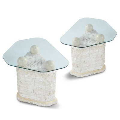 Macton tesselated stone side tables with glass tops