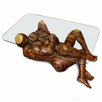 Sensual lovers monkeypod wood carved coffee table with glass top