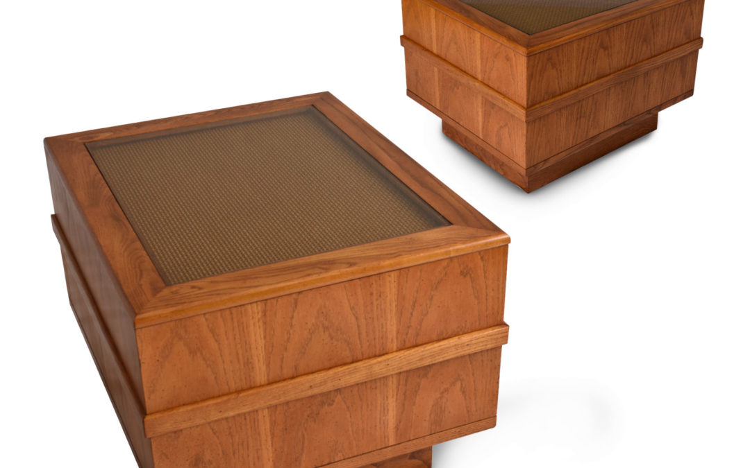 Pair Vintage 1970s Cane and Glass Top Large End Tables