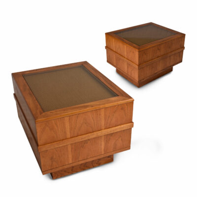 1970s Cane and Glass Top Large Oak End Tables