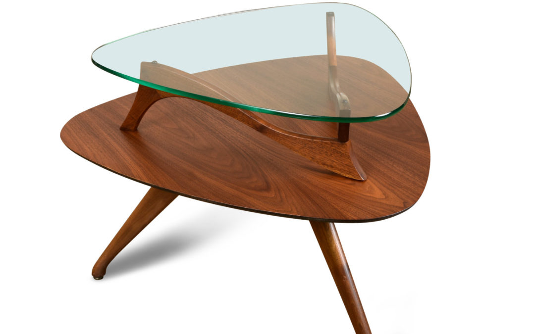 Restored Vladimir Kagan Style Guitar Pick Triangular Two Tier End Table